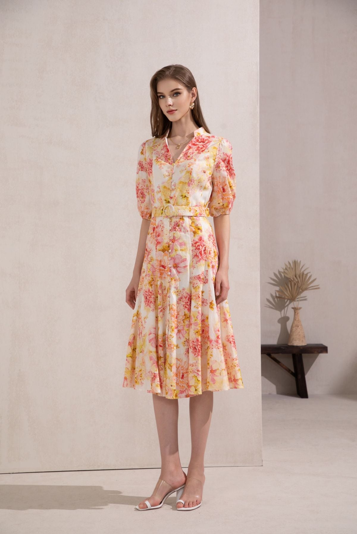 ASPEN FLORAL LINEN LONG DRESS - Gold*