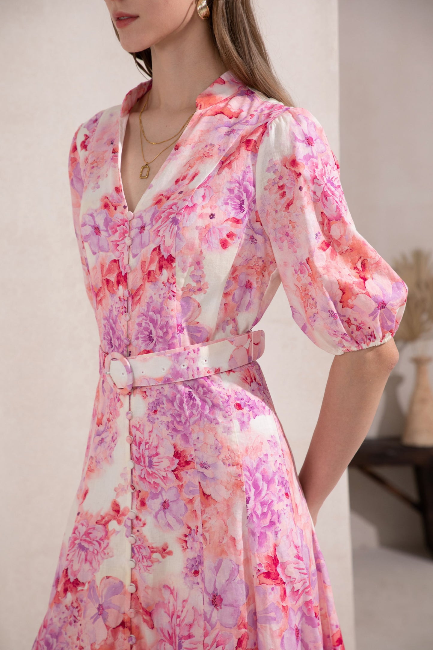 ASPEN FLORAL LINEN LONG DRESS - Lilac
