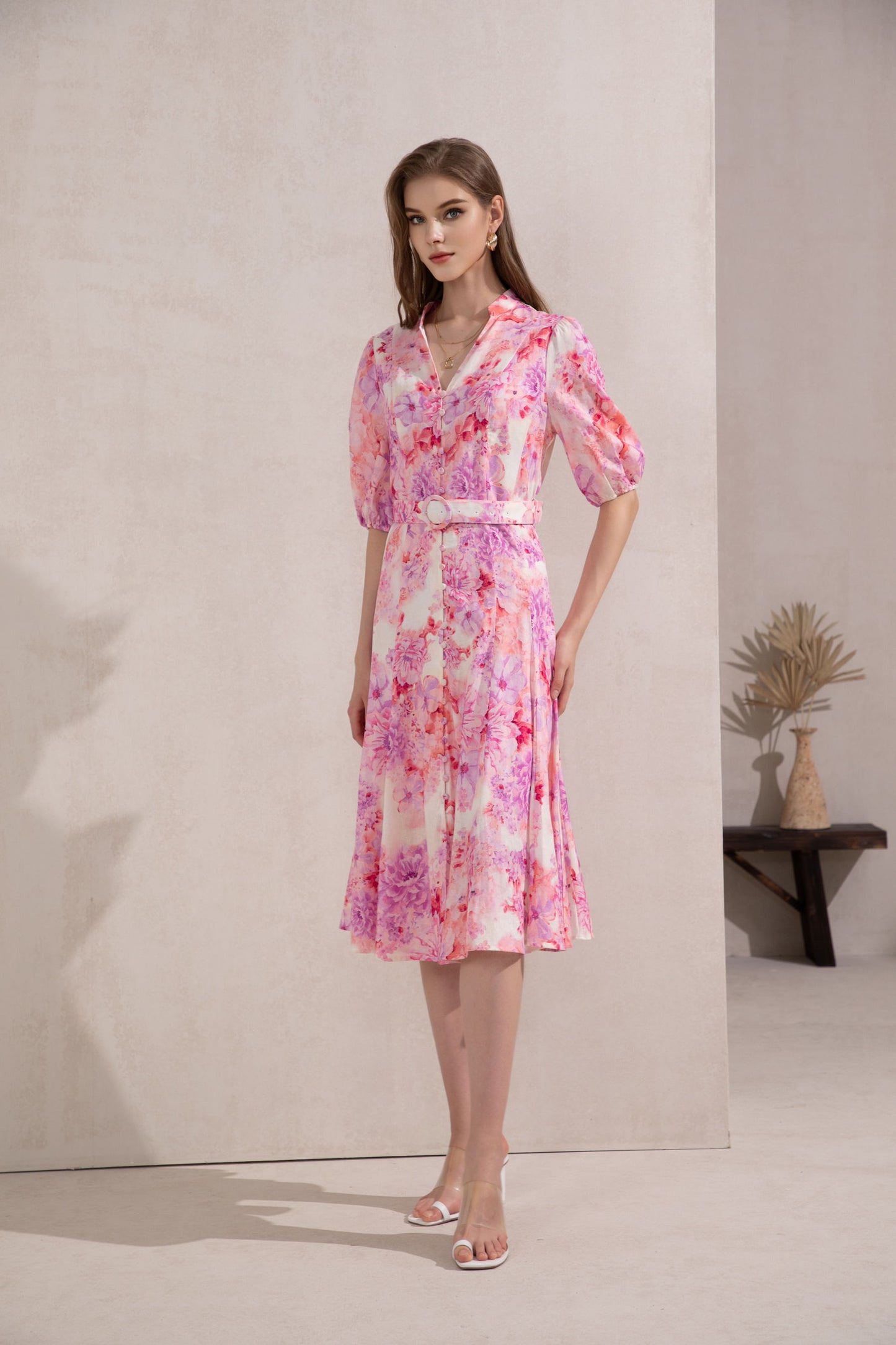 ASPEN FLORAL LINEN LONG DRESS - Lilac