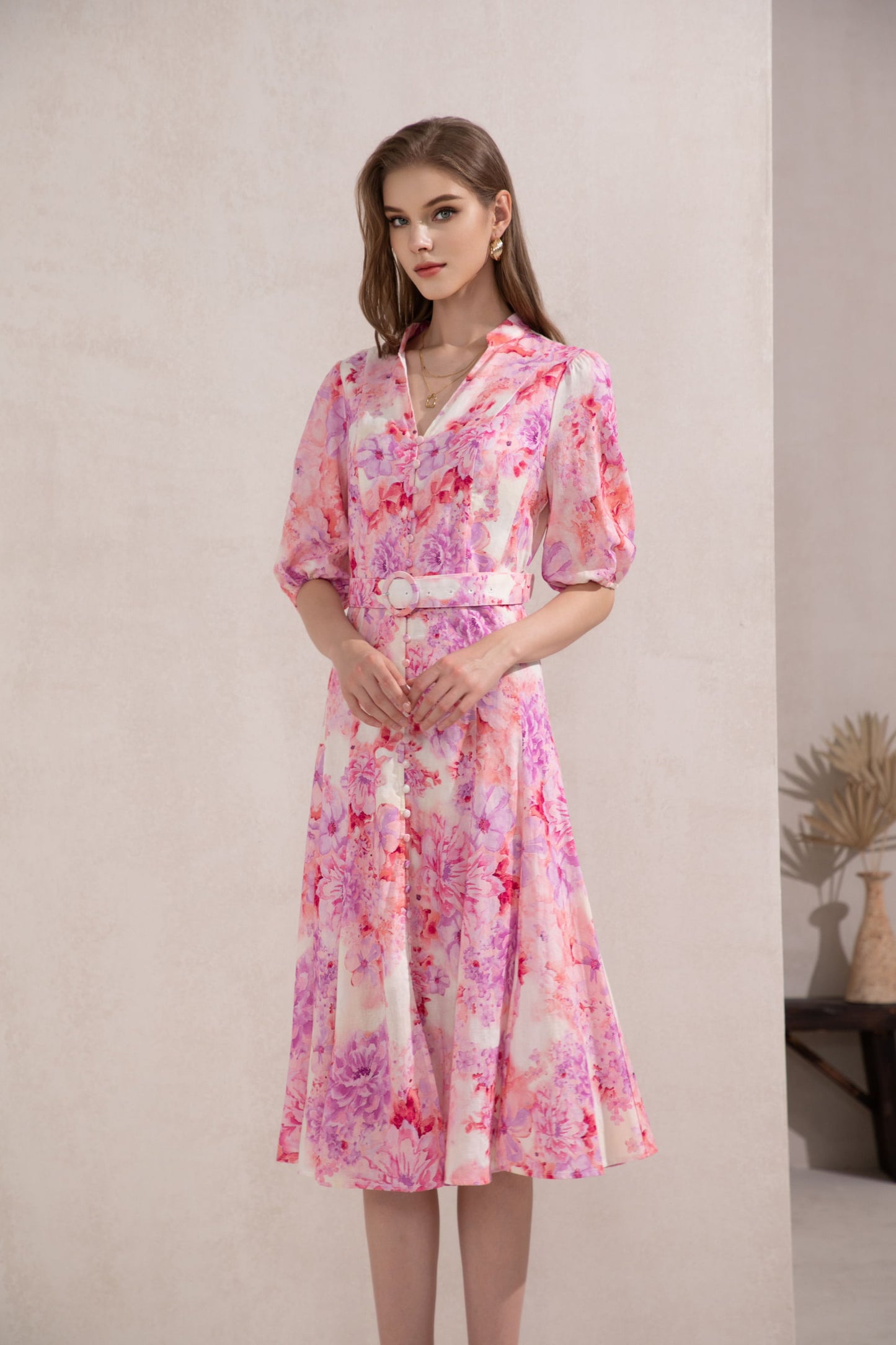 ASPEN FLORAL LINEN LONG DRESS - Lilac