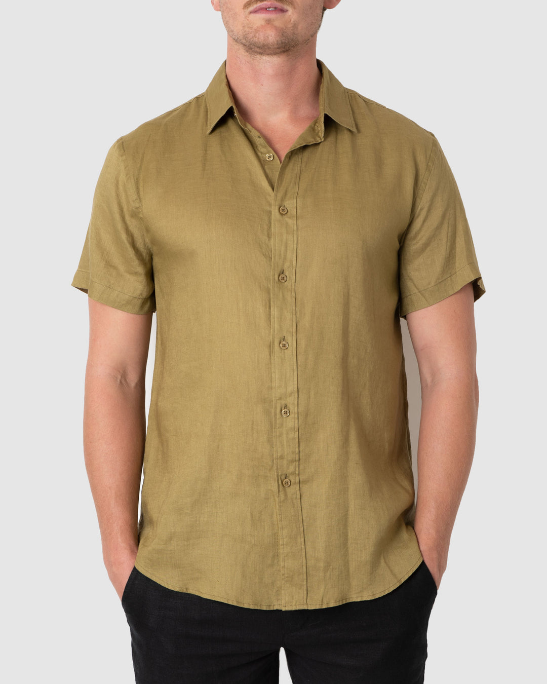 Olive Short Sleeve Linen Shirt